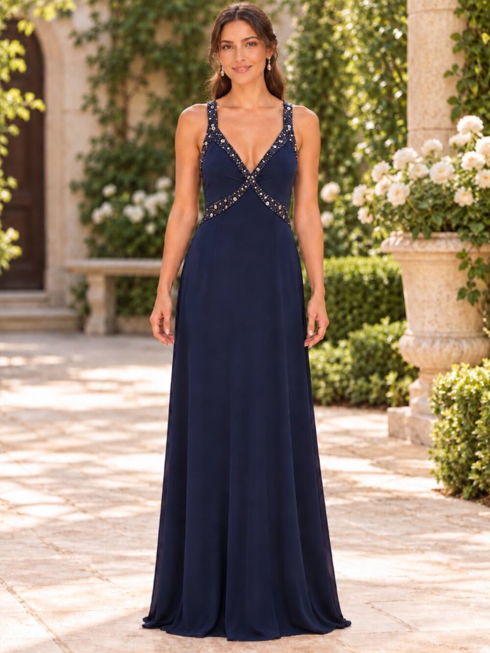Hailey Logan by Adrianna Papell Navy Beaded Open-Back Gown – Size 7/8